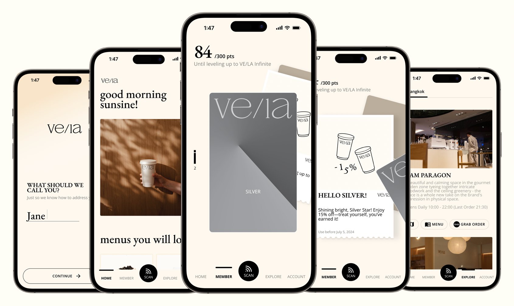 The VE/LA App: welcome, home, member card, rewards and explore screens